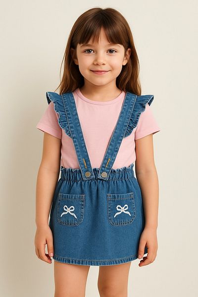 TRENDYOLKIDS Μπλε Κοριτσίστικο 100% Βαμβακερή Κορδέλα Λεπτομερής Τζιν Σαλοπέτα TKDSS25SE00004