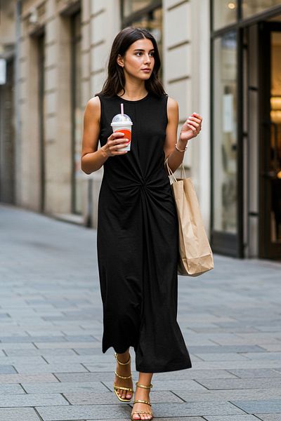 Trendyol Collection Μαύρο Maxi Drape - Sustainable Modal Twist Λεπτομέρεια, ελαστικό πλεκτό φόρεμα TWOSS25EL00385