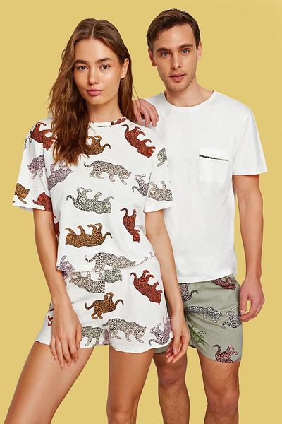 Trendyol Collection Damen-Pyjama-Set für Paare/Paare, 100 % Baumwolle, Tiger-Print, gestrickt, mit Shorts, THMSS24PT00078