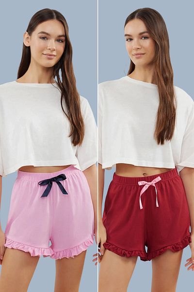 Trendyol Collection Rózsaszín-bordó 2 csomagos pamut fodros kötött pizsama alsó szalaggal/masnival THMSS24PJ00027