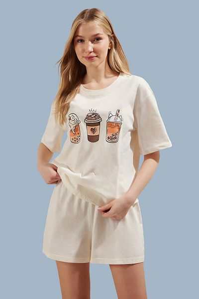 Trendyol Collection Coffee Printed 100% Cotton Ecru Shorts Pajama Set - Thmss25Pt00247