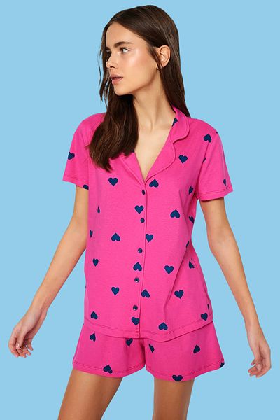 Trendyol Collection Σετ Πυτζάμες Καρδιά Ροζ Βαμβακερό Σορτς - THMSS21PT0756