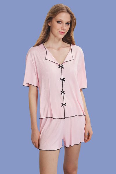 Trendyol Collection Pink Ribbon/Bow and Baby Overlock Twill Pajama Set