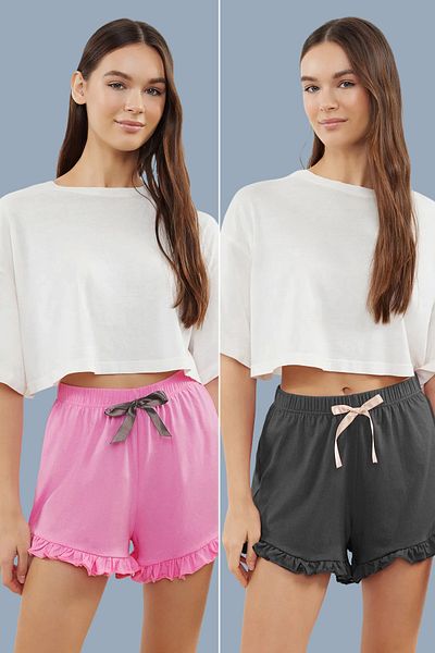 Trendyol Collection 2-Pack Gray and Pink Cotton Knitted Pajama Bottoms with Ruffles and Ribbon Detail Thmss24Pj00027