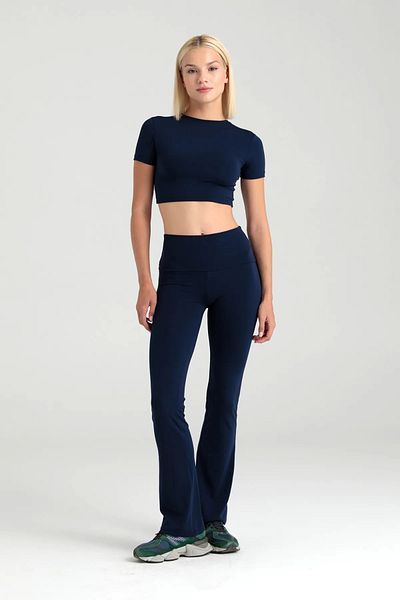 SHEISMONO Comfort High Waist Flared Leggings Navy Blue.