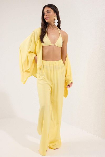 Trendyol Collection Yellow Woven Bat Sleeve Shirt and Pantalon, Beach Suit Tbess25Au00003