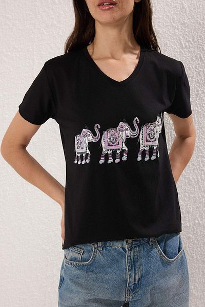 Edit by Trendyol Black Sequins 100% Cotton Regular T-Shirt - Tedss25Ts00000