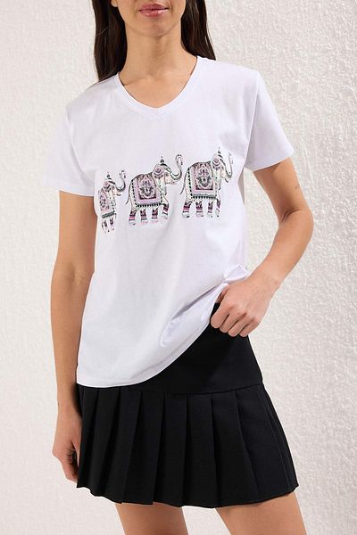 Edit by Trendyol White 100% Cotton Sequins Regular Knitted T-Shirt Tedss25Ts00000