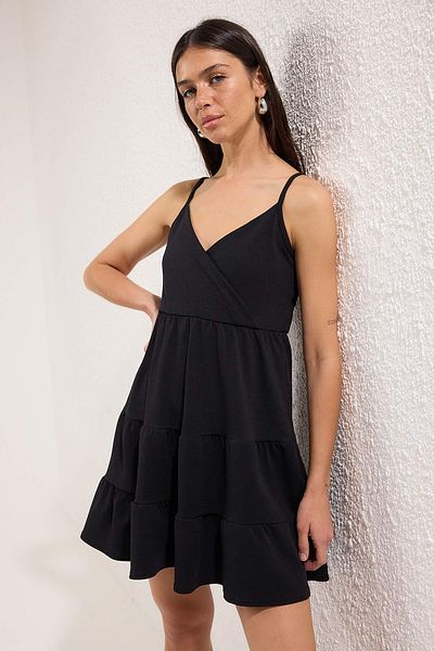 Trendyol Collection Black Straps Double Breasted Closure Skater/Waist Opening Godeli Knitted Dress Twoss25El00831