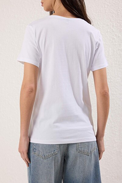 Edit by Trendyol Εκρού*001 - 100% βαμβακερές παγιέτες κανονικό T-shirt TEDSS25TS00000