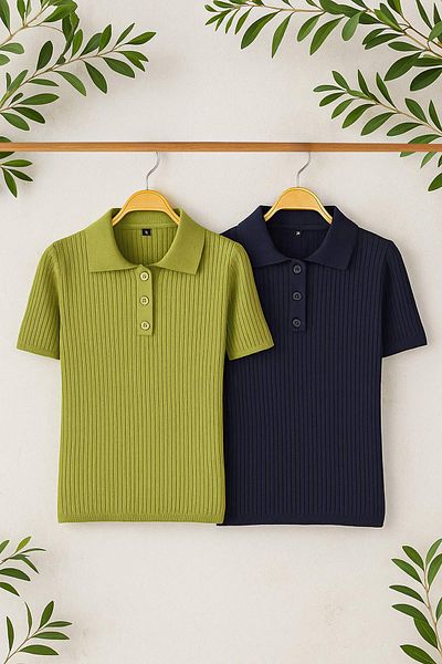 Trendyol Collection Navy-Green Basic Polo Neck Double Pack Knitwear Thin Blouse Twoss25Bz00503