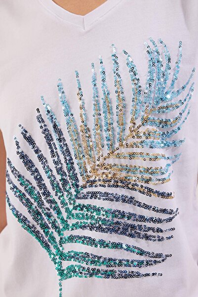 Edit by Trendyol Εκρού*001 - 100% βαμβακερές παγιέτες κανονικό T-shirt TEDSS25TS00000