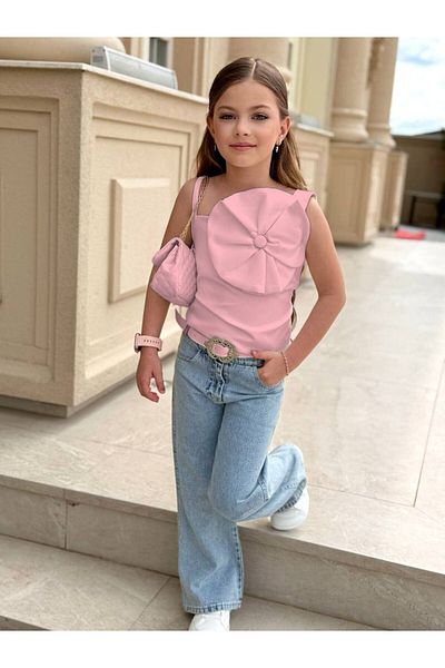 Ribbon kids Girl's Floral Detailed Strap Blouse & Wide Leg Jeans Set