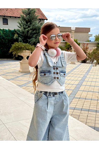 Ribbon kids Girl's 3-Piece Gray Denim Suit – T-Shirt, Vest and Palazzo Pants