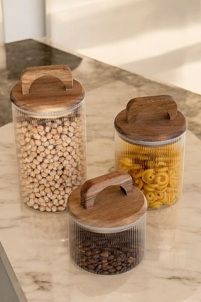 Mirilliahome Set of 3 Acacia Glass Jars with Handles