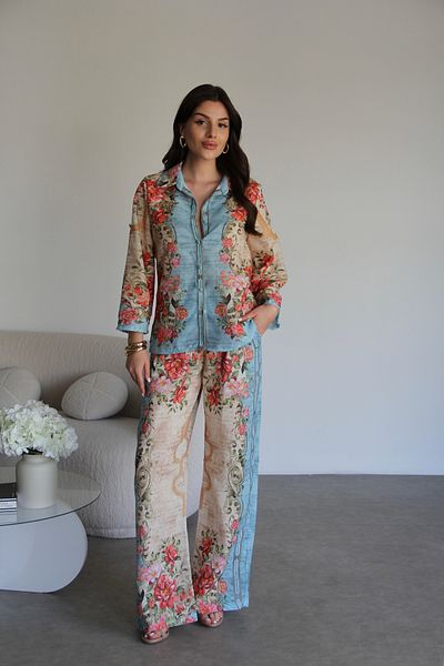 Julidress قميص منقوش متعدد الألوان، بنطلون سفلي، طقم من الكتان الفاخر