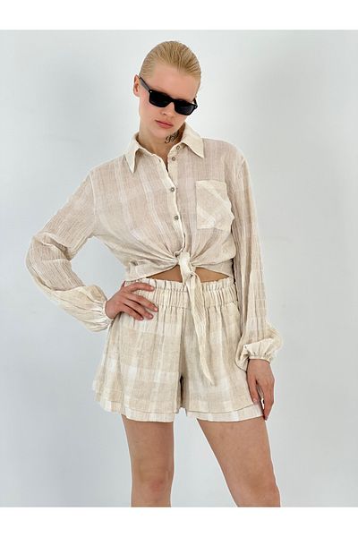 Miss Poem Women's Summer 100% Cotton Shirt Shorts Set