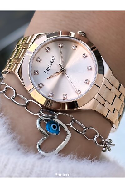 Ferrucci ساعة يد نسائية بسوار فولاذي بلون وردي وسوار مطرز بالعين الشريرة