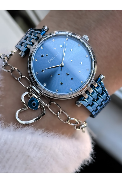 Ferrucci Marka Mavi Renk Çelik Kordon, Gümüş Renk Kasa kadın Kol Saati + Bileklik
