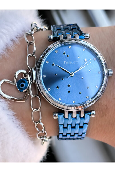 Ferrucci Marka Mavi Renk Çelik Kordon, Gümüş Renk Kasa kadın Kol Saati + Bileklik