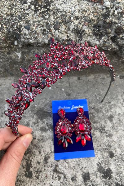 Hobigram Clara Burgundy Bridal Henna Crown Special Occasion Accessory Women's Crown and Three Shuttle Earrings Set
