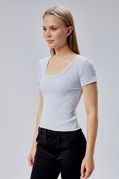 FHELIA Women's 100% Cotton Gray U-Neck Short Sleeve Lycra Ribbed Camisole Slim Fit Blouse Body