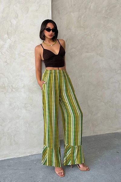 bacc Green Patterned Summer Viscose Trousers Bchn-2525674