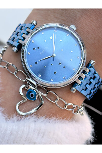 Ferrucci Marka Mavi Renk Çelik Kordon, Gümüş Renk Kasa kadın Kol Saati + Bileklik