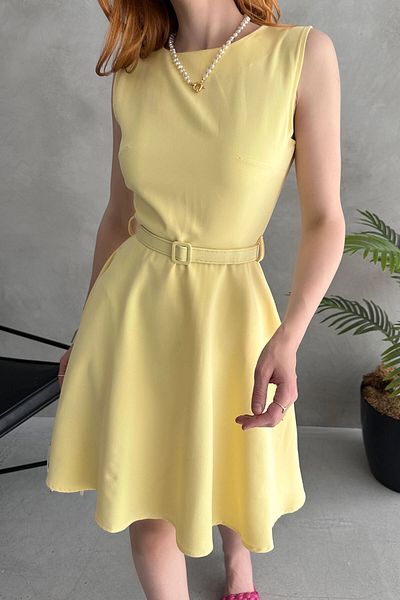 bacc Yellow Sleeveless Waist Belt Detail Dress Bcdf-252202