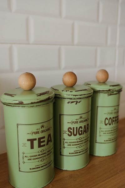 Dekorzdükkan Set of 3 Galvanized Green-Brown Vintage Tea-Coffee-Sugar Jars (Tea-Sugar-Coffee)