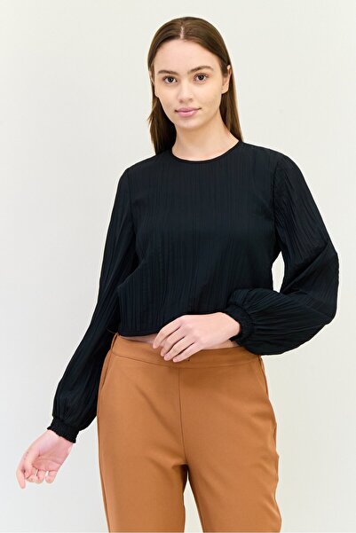 Esprit Women Crew Neck Pleated Blouse, Black