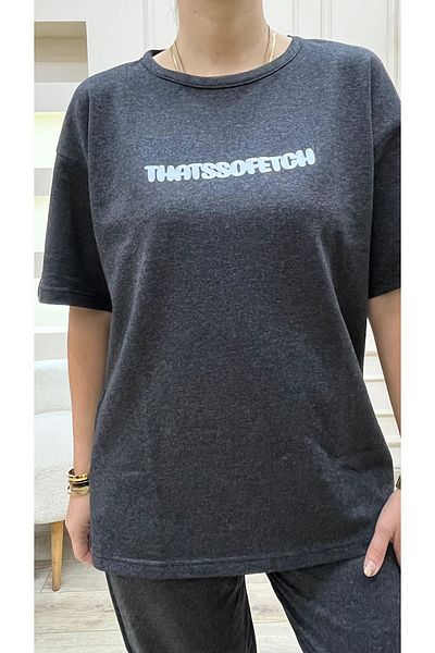 DUBU BUTİK Thatssofetch Anthracite T-shirt Sweatpants Jogger - Λευκό εμπριμέ Σετ αθλητικών παντελονιών Oversize