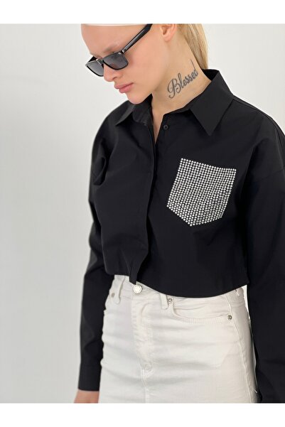 Miss Poem Women's Pocket Stone Detailed Black Crop Shirt