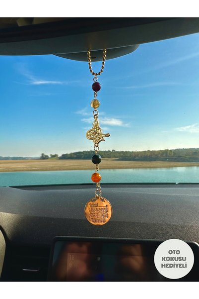 Sunshe Atelier Mixed Agate Stone Rearview Mirror Car Ornament with Evil Eye Prayer and Ottoman Monogram (Evil Eye - Evil Energy)