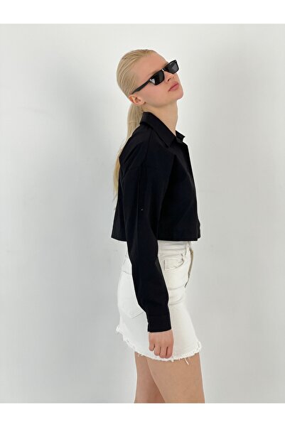 Miss Poem Women's Pocket Stone Detailed Black Crop Shirt