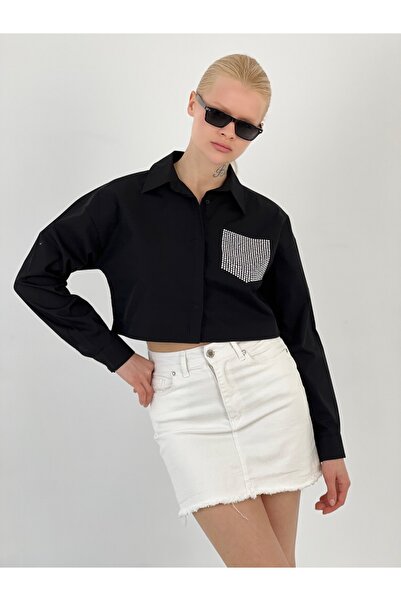 Miss Poem Women's Pocket Stone Detailed Black Crop Shirt