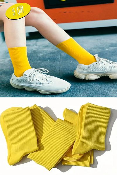 Esinti 5 Pairs Men's Women's Socks Plain Yellow Socket Socks Unisex Tennis Sports Socks