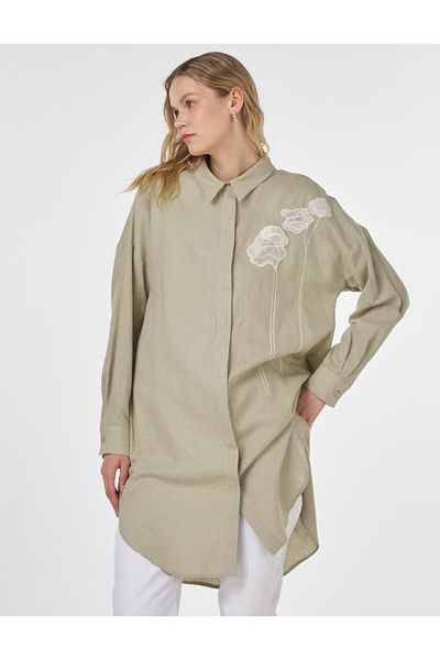 KYR Floral Embroidered Linen Viscose Tunic Mildew Green