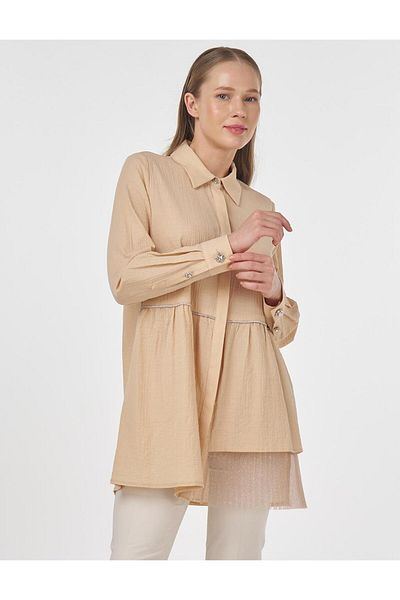 Kayra Tulle Detailed Cotton Tunic Beige