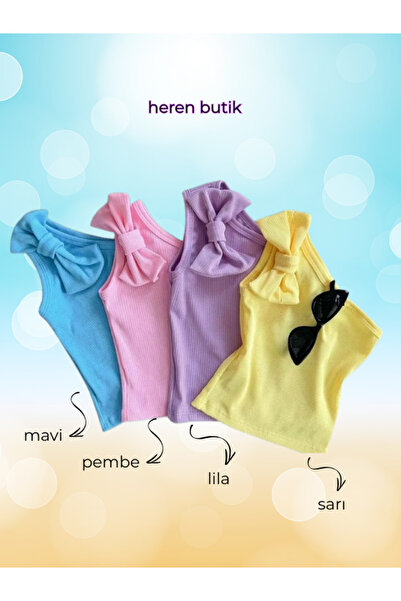 HEREN BUTİK 4lü Yetişkin Ve Kız Çocuk Tek Omuz Fiyonk Detaylı Yazlık Crop Blu...