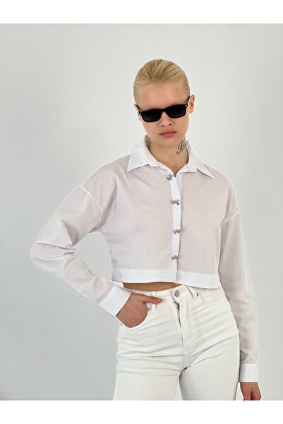 Miss Poem Women's Bow Detailed White Crop Shirt