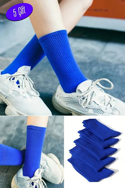 Esinti 5 Pairs Men's Women's Socks Plain Blue Socket Socks Unisex Tennis Sports Socks