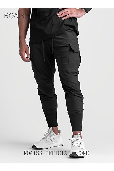 ROAISS Men's Casual Trousers European Style Trend Quick-drying Drawstring Pants Multi-pocket For Men Sports
