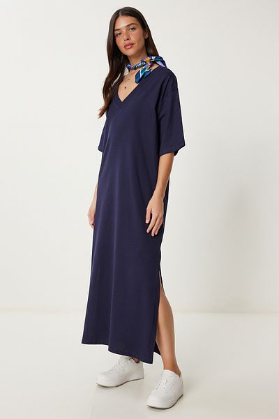 Lovelyİstanbul Oversize Basic Summer Stretchy Knitted Dress Dark Blue Lub0113