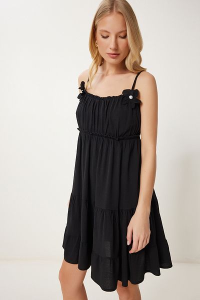 Lovelyİstanbul Pearl Flower Detailed Mini Viscose Dress Black Llc0002