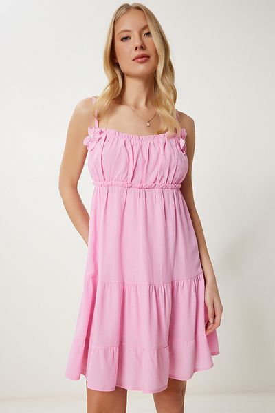 Lovelyİstanbul Pearl Flower Detailed Mini Viscose Dress Candy Pink Llc0002