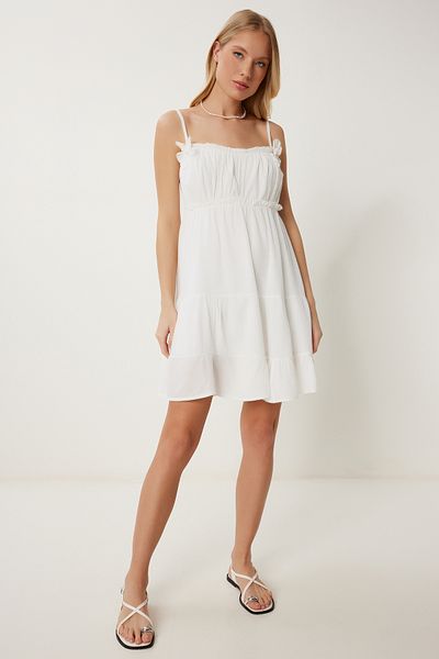 Lovelyİstanbul Pearl Flower Detail Mini Viscose Dress White Llc0002