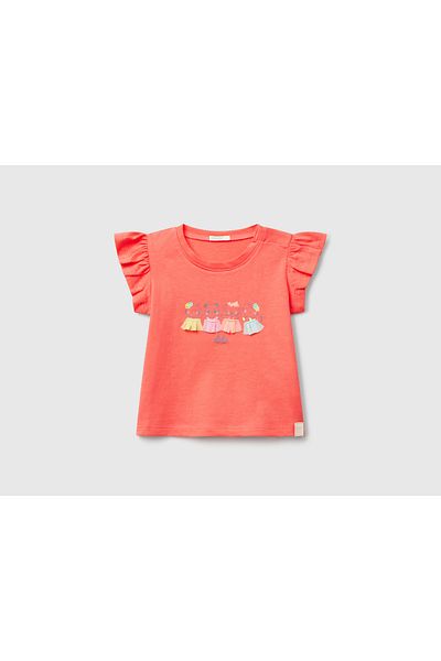 United Colors of Benetton Baby Coral Logo Label Sleeve Ruffle Detail Crew Neck T-Shirt