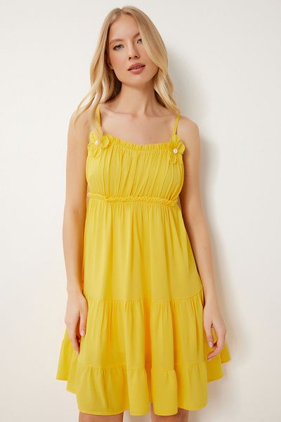 Lovelyİstanbul Pearl Flower Detail Mini Viscose Dress Yellow Llc0002