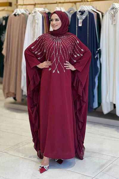 Bym Fashion Ruffle Stone Detailed Dress 3936 Burgundy